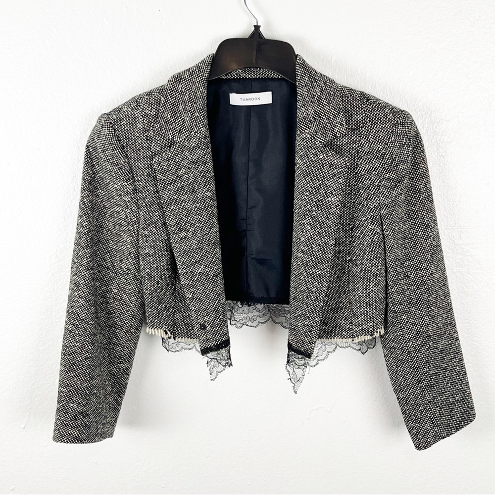 THAKOON Cropped 100% Wool Tweed 100% Silk Lining Lace Trim Long Sleeves Jacket 6